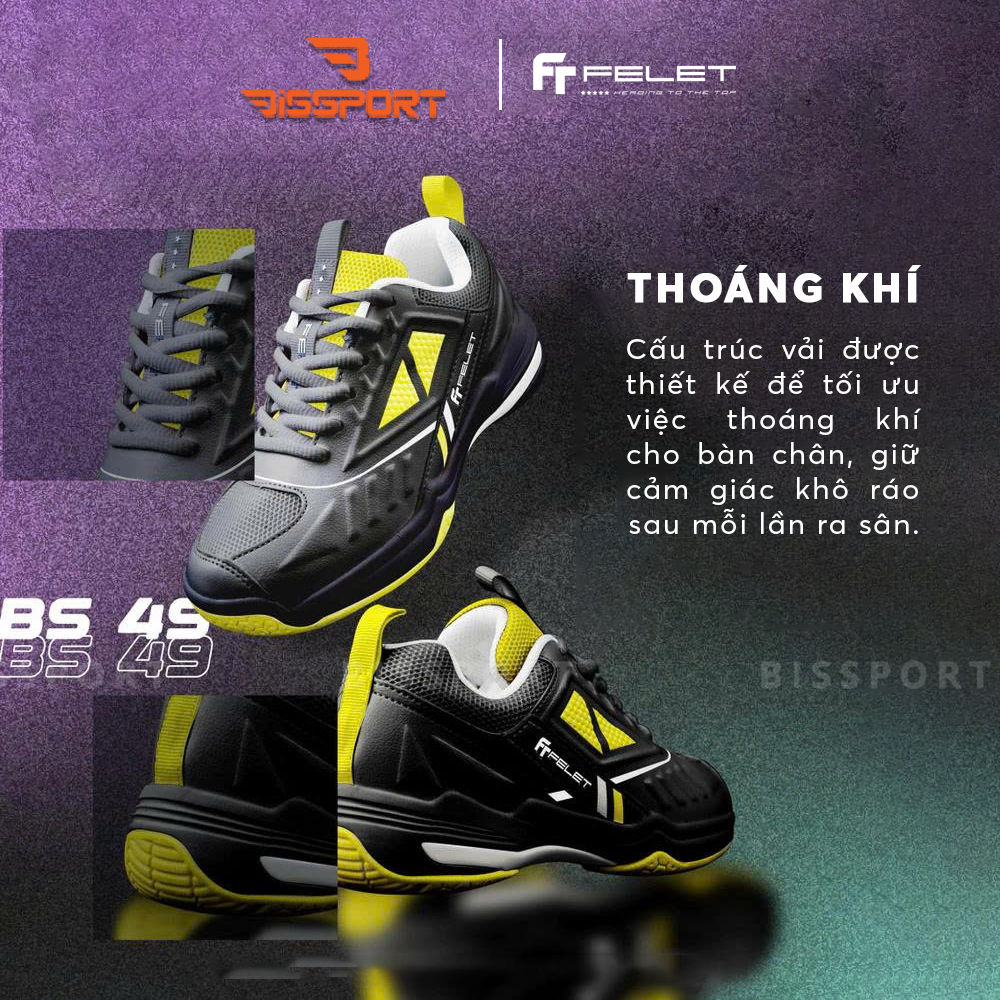 Giày Cầu Lông FELET BS49 Đen Vàng Chính Hãng – Ổn Định, Êm Và Linh Hoạt Trên Sân - Giảm Chấn Cho Chân - Thoáng Khí